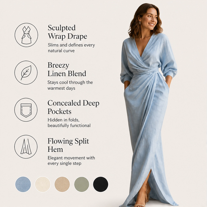 Amalfaine – Linen-Blend Draped Wrap Maxi Dress with Pockets + 50% OFF