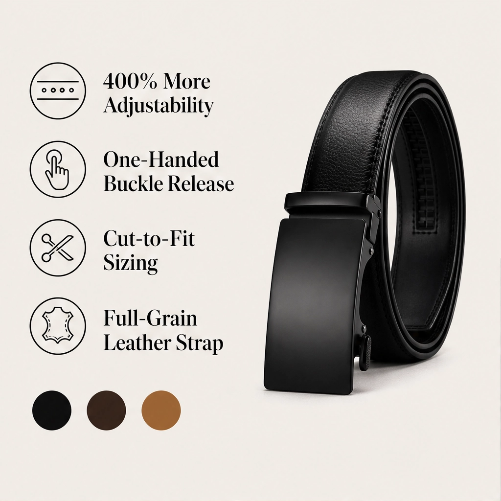 Latchford – Micro-Adjust Leather Ratchet Belt with Hidden Track + 50% OFF