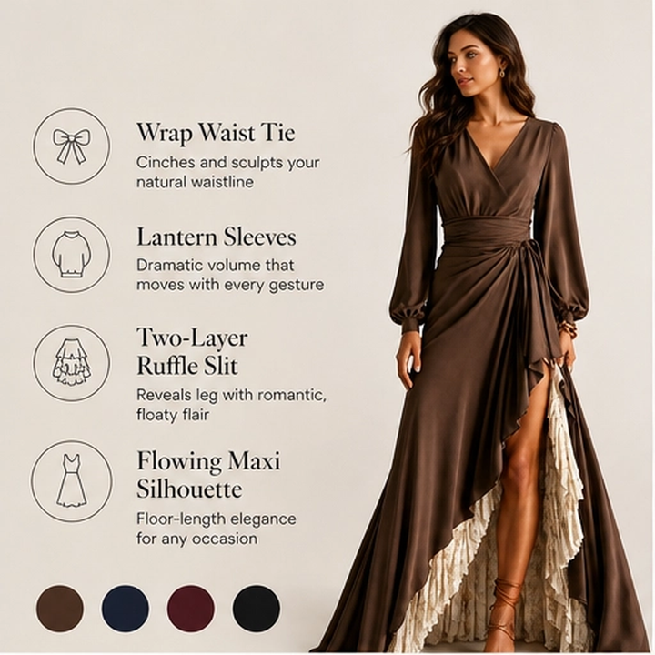 Solenne – Wrap V-Neck Lantern Sleeve Two-Layer Ruffle Slit Maxi Dress + 50% OFF
