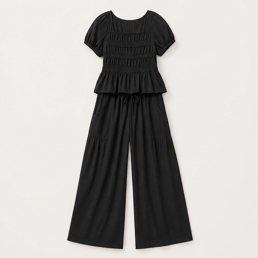 Amaryse – Smocked Peplum Top &amp; Wide-Leg Pocket Pants Set + 50% OFF