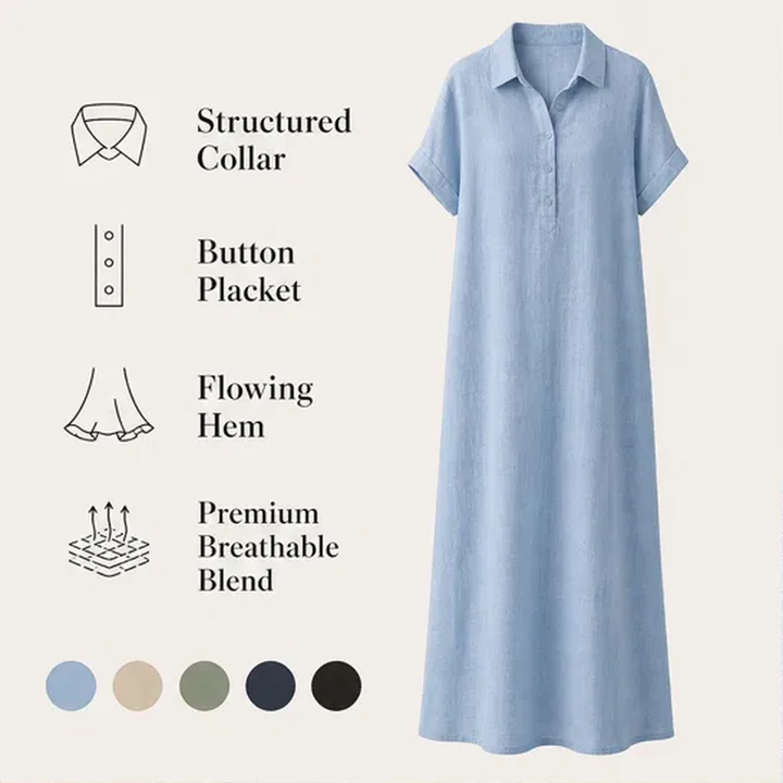 Rivella – Breathable Linen-Blend Collared Midi Shirt Dress + 50% OFF