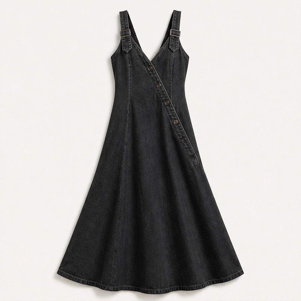 Indrielle – Asymmetric Button Denim Maxi Dress with Adjustable Straps &amp; Pockets + 50% OFF