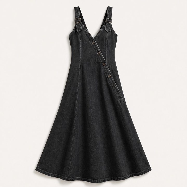 Indrielle – Asymmetric Button Denim Maxi Dress with Adjustable Straps &amp; Pockets + 50% OFF