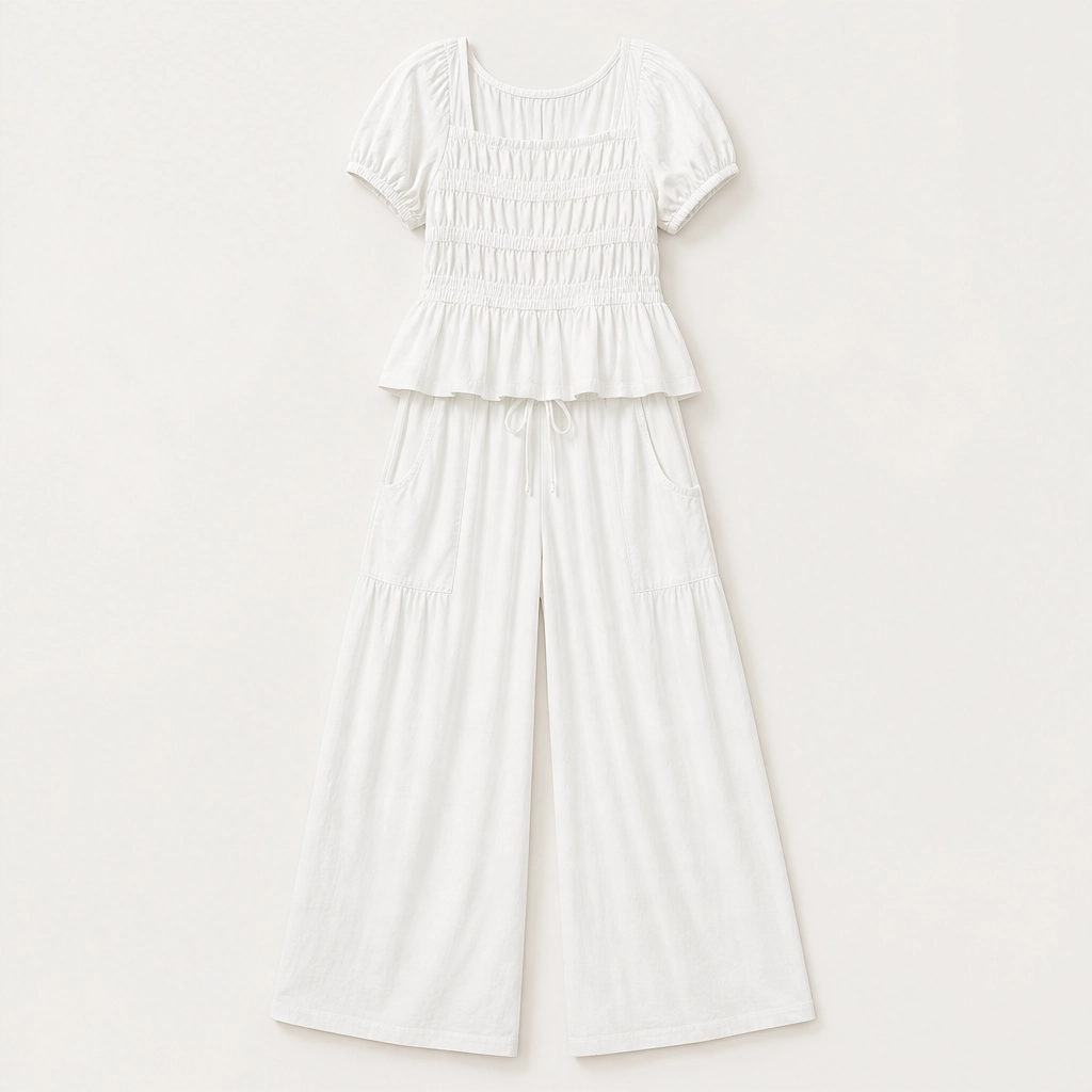 Amaryse – Smocked Peplum Top &amp; Wide-Leg Pocket Pants Set + 50% OFF
