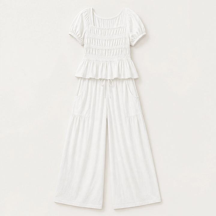 Amaryse – Smocked Peplum Top &amp; Wide-Leg Pocket Pants Set + 50% OFF