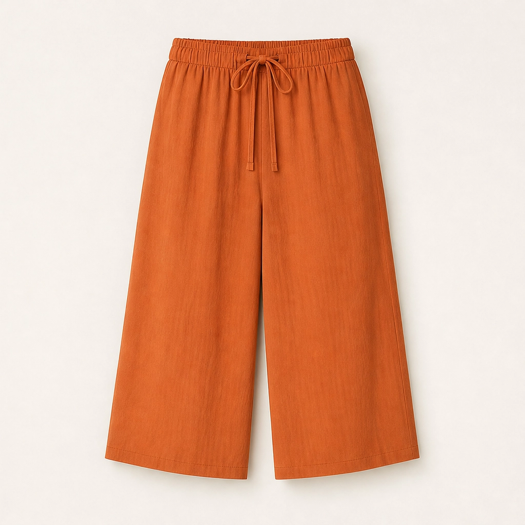 Solene – Flowy Lightweight Wide-Leg Drawstring Knee-Length Trousers + 50% OFF