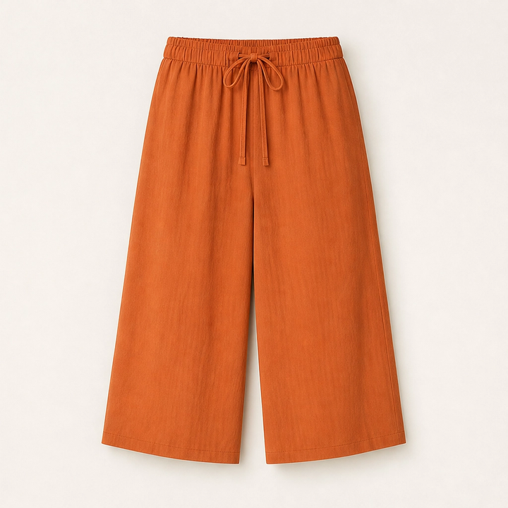 Solene – Flowy Lightweight Wide-Leg Drawstring Knee-Length Trousers + 50% OFF