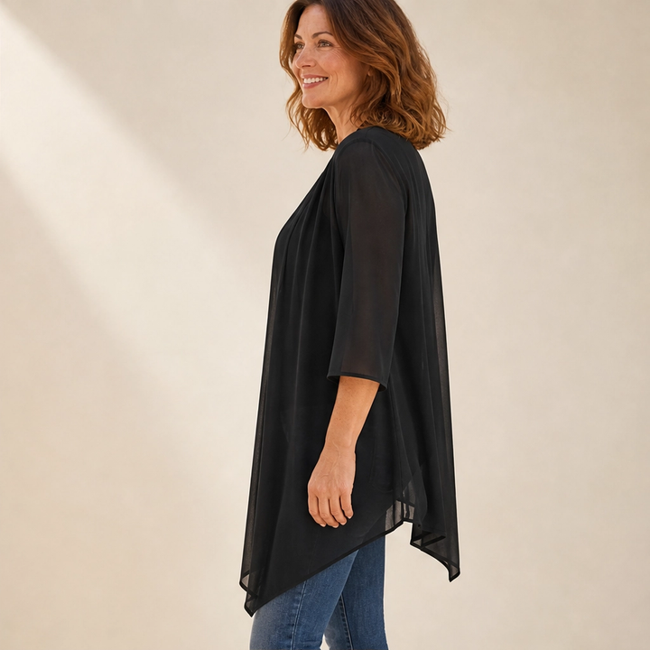 Gossamer – Sheer Chiffon Open-Front Cardigan with 3/4 Sleeves + 50% OFF