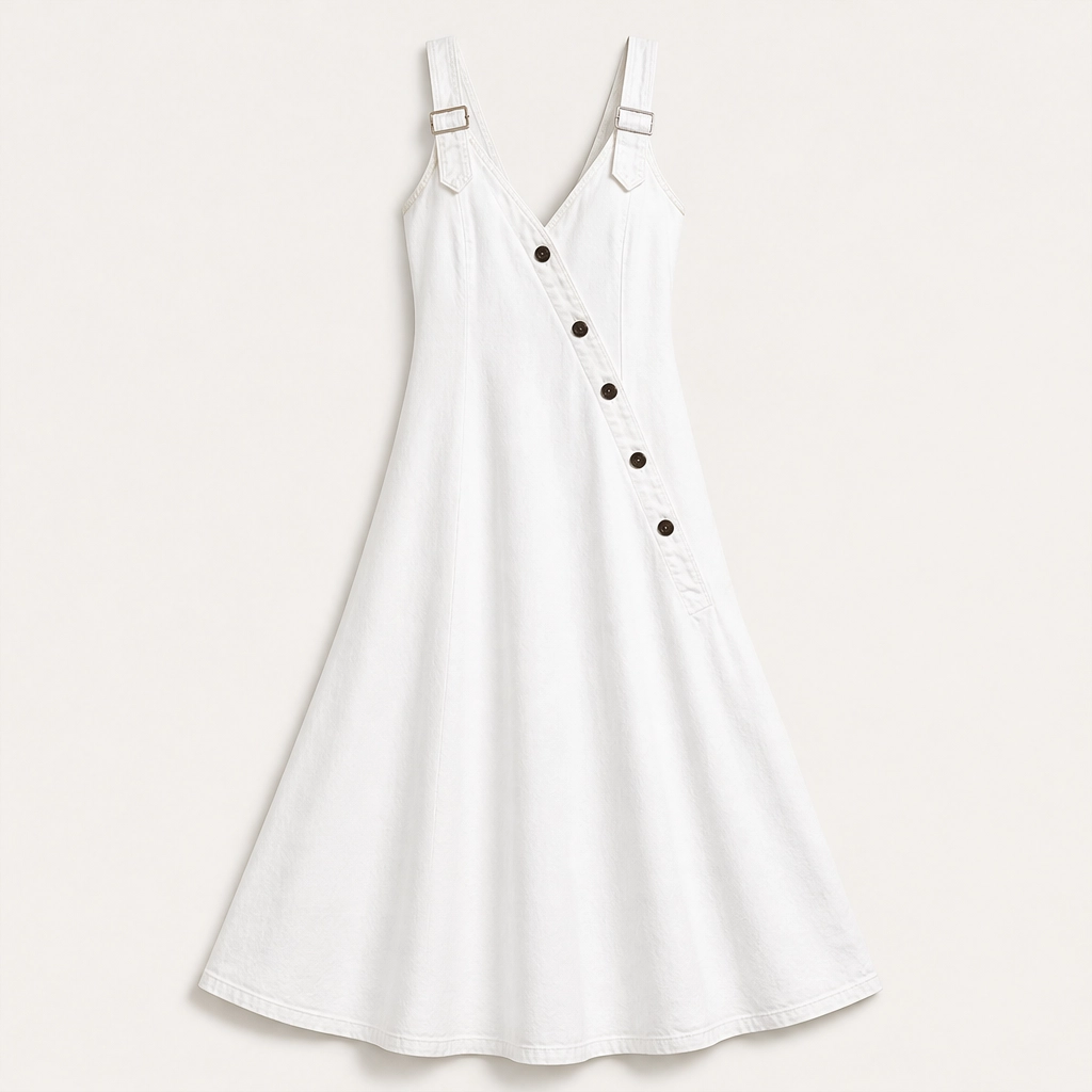Indrielle – Asymmetric Button Denim Maxi Dress with Adjustable Straps &amp; Pockets + 50% OFF
