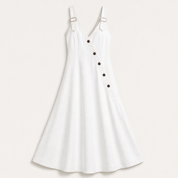 Indrielle – Asymmetric Button Denim Maxi Dress with Adjustable Straps &amp; Pockets + 50% OFF