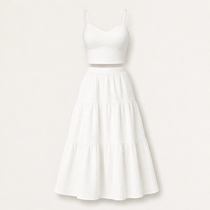 Solène – Tiered Crinkle Two-Piece Cami Top &amp; Maxi Skirt Set + 50% OFF