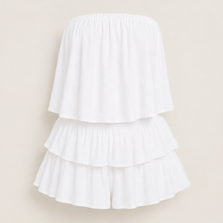 Solera – Strapless Smocked Ruffle Romper with Lined Shorts + 50% OFF