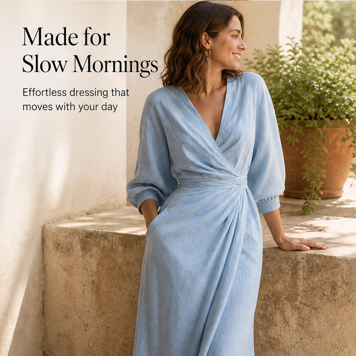 Amalfaine – Linen-Blend Draped Wrap Maxi Dress with Pockets + 50% OFF