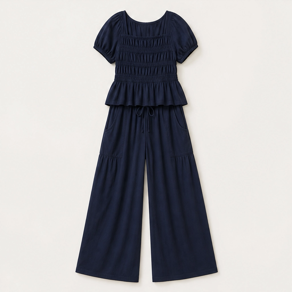 Amaryse – Smocked Peplum Top &amp; Wide-Leg Pocket Pants Set + 50% OFF