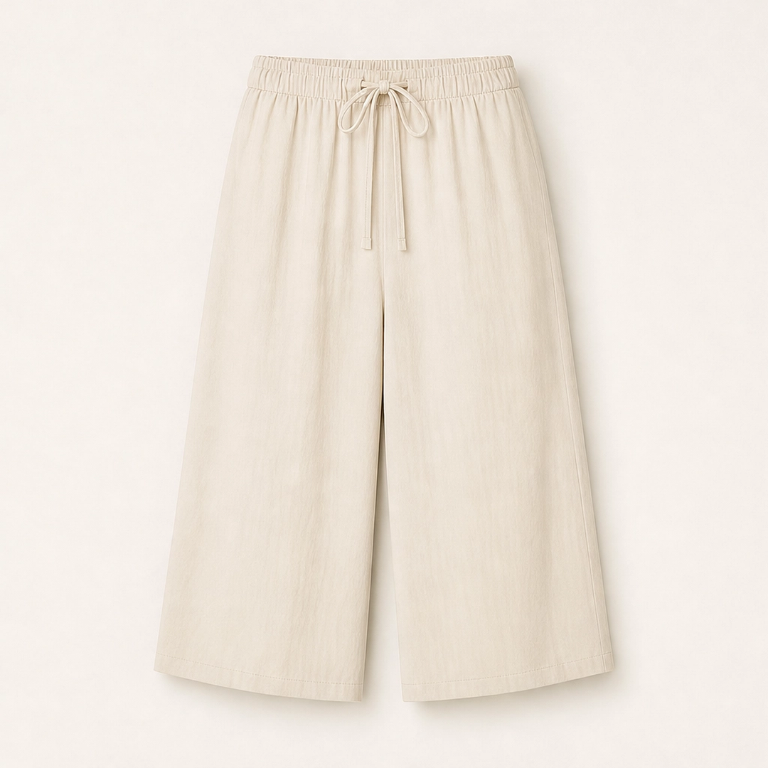 Solene – Flowy Lightweight Wide-Leg Drawstring Knee-Length Trousers + 50% OFF