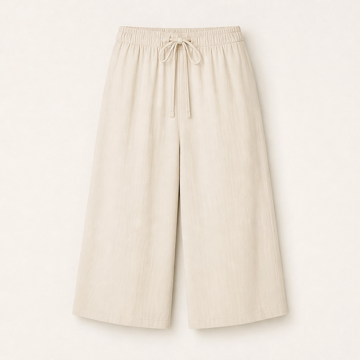 Solene – Flowy Lightweight Wide-Leg Drawstring Knee-Length Trousers + 50% OFF