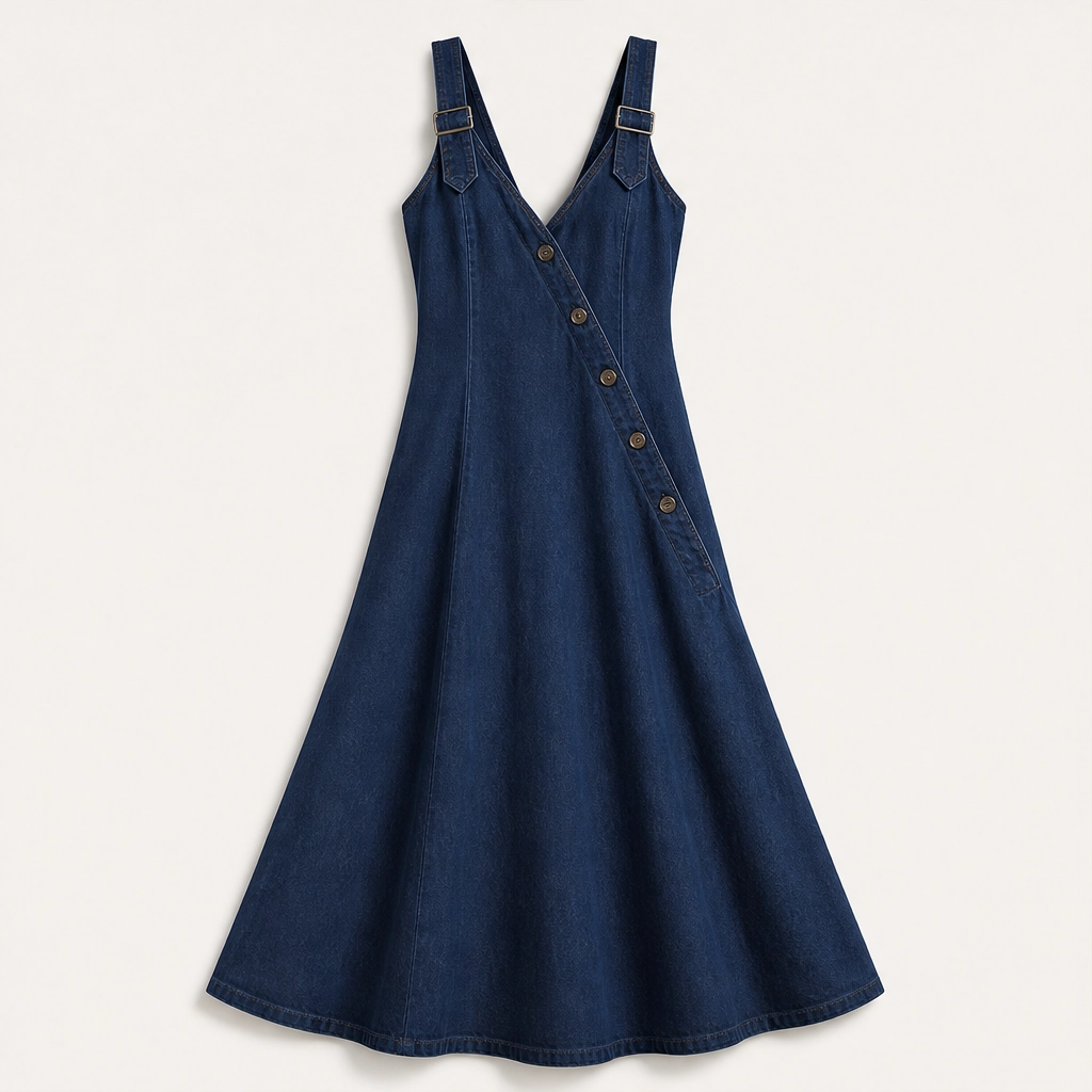 Indrielle – Asymmetric Button Denim Maxi Dress with Adjustable Straps &amp; Pockets + 50% OFF