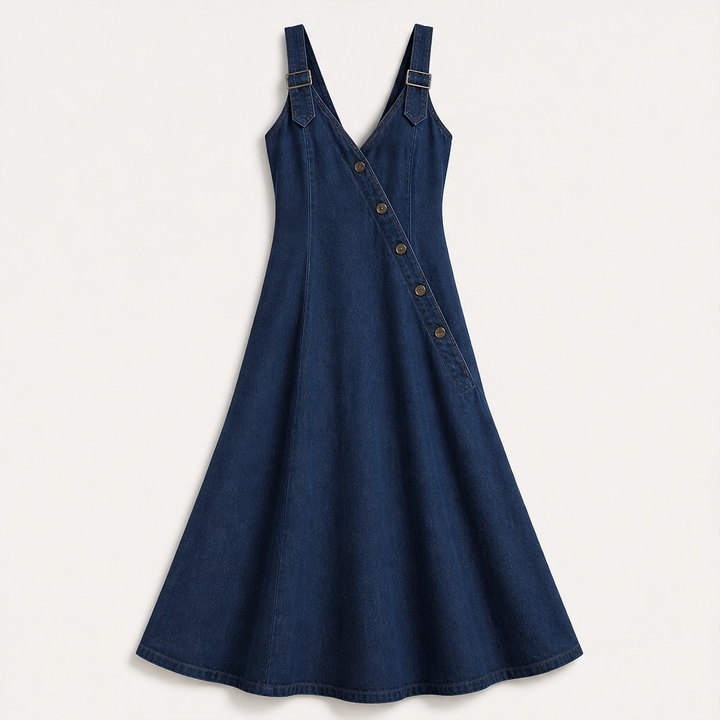 Indrielle – Asymmetric Button Denim Maxi Dress with Adjustable Straps &amp; Pockets + 50% OFF