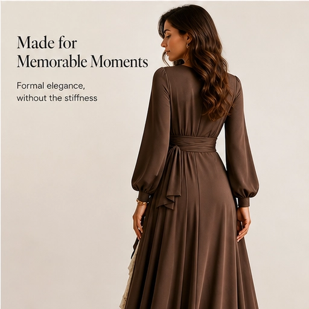 Solenne – Wrap V-Neck Lantern Sleeve Two-Layer Ruffle Slit Maxi Dress + 50% OFF