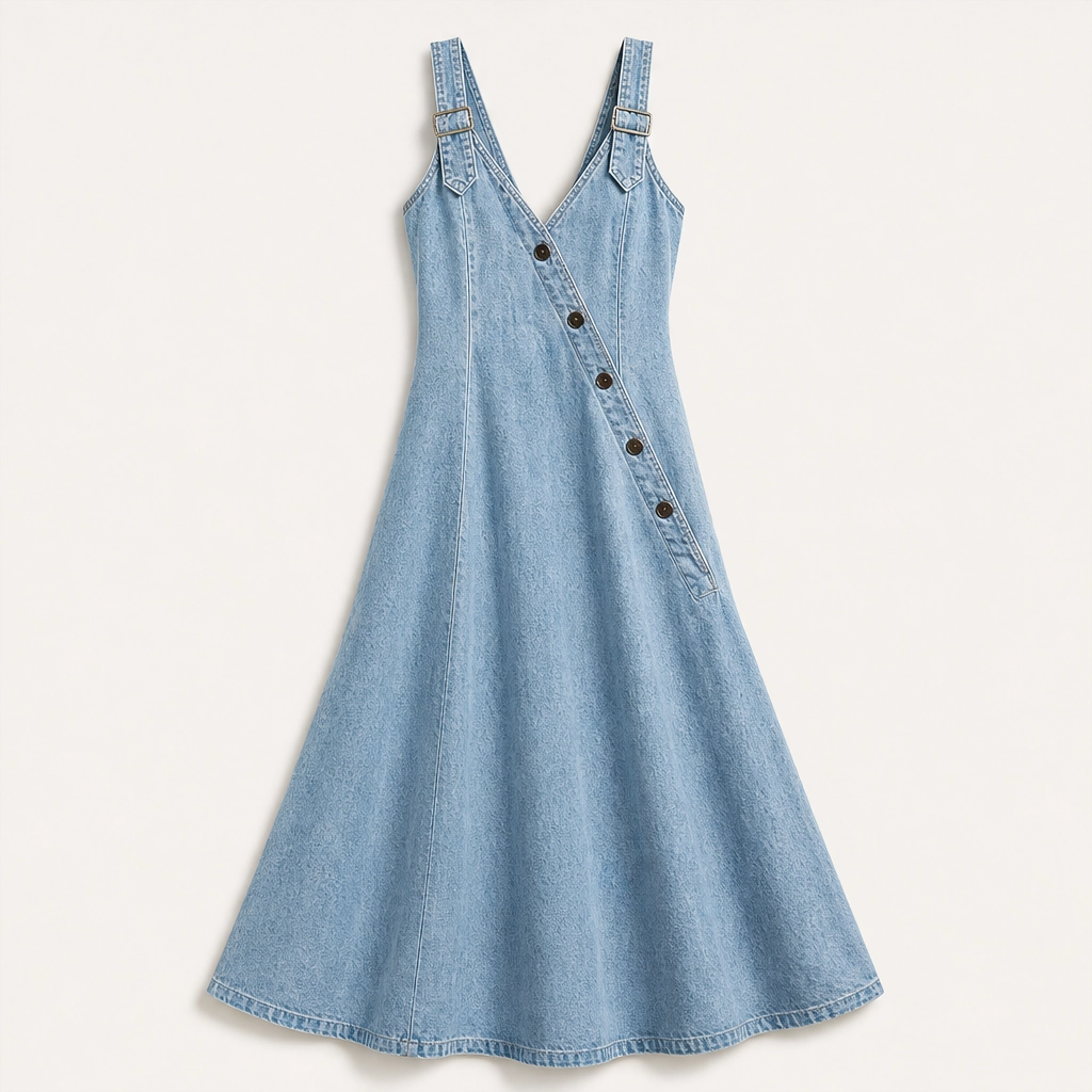 Indrielle – Asymmetric Button Denim Maxi Dress with Adjustable Straps &amp; Pockets + 50% OFF