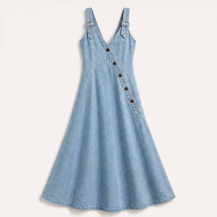 Indrielle – Asymmetric Button Denim Maxi Dress with Adjustable Straps &amp; Pockets + 50% OFF