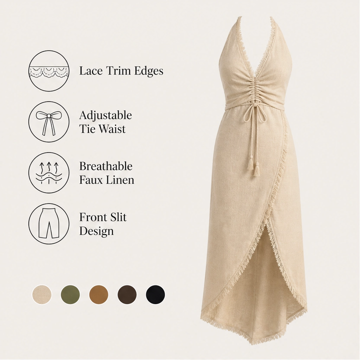 Sablé – Lace-Trim Faux-Linen Wrap Maxi Dress + 50% OFF