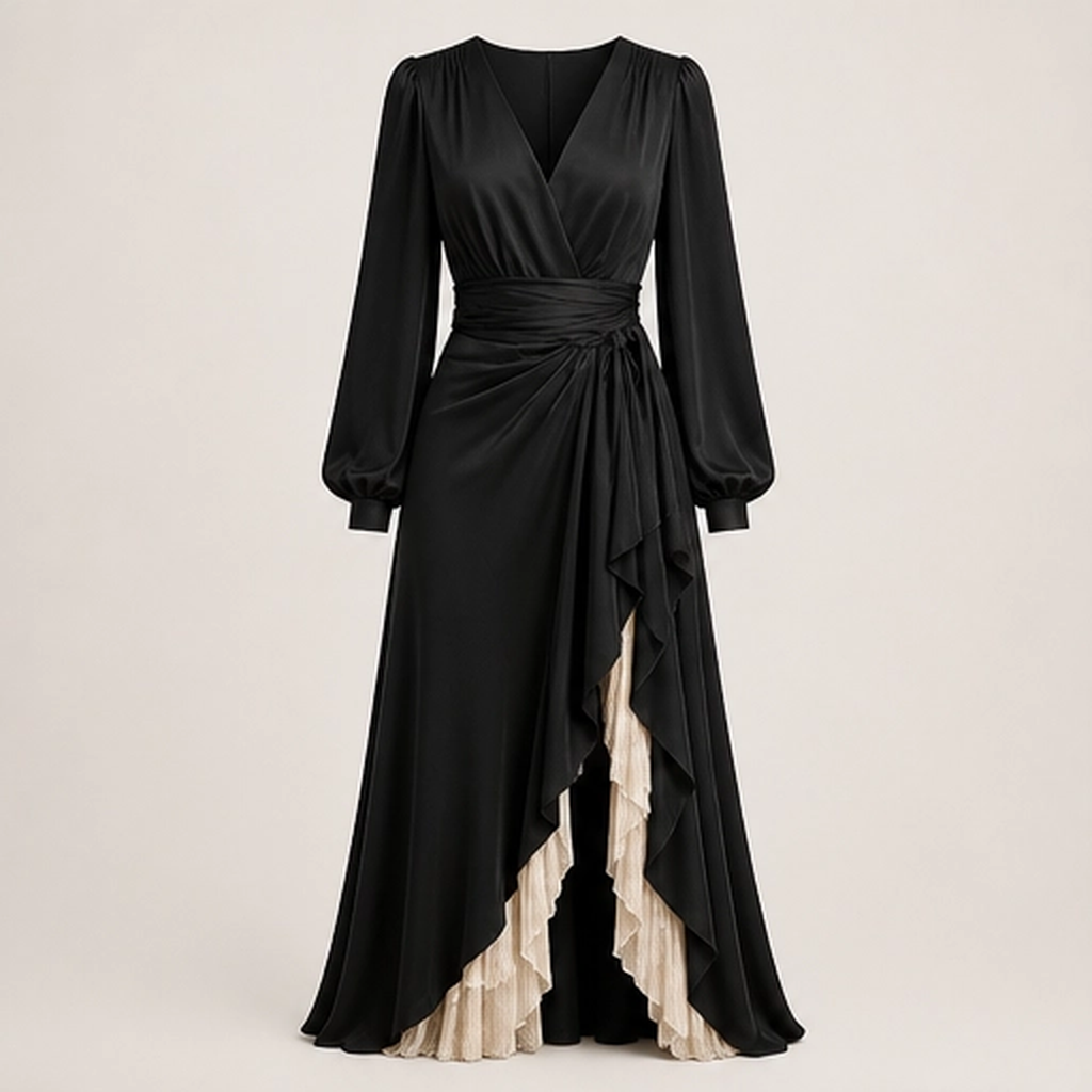 Solenne – Wrap V-Neck Lantern Sleeve Two-Layer Ruffle Slit Maxi Dress + 50% OFF