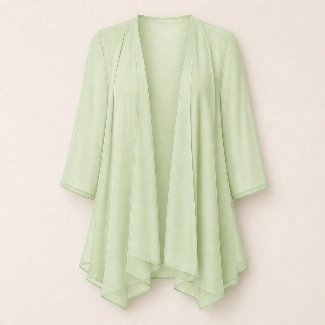 Gossamer – Sheer Chiffon Open-Front Cardigan with 3/4 Sleeves + 50% OFF