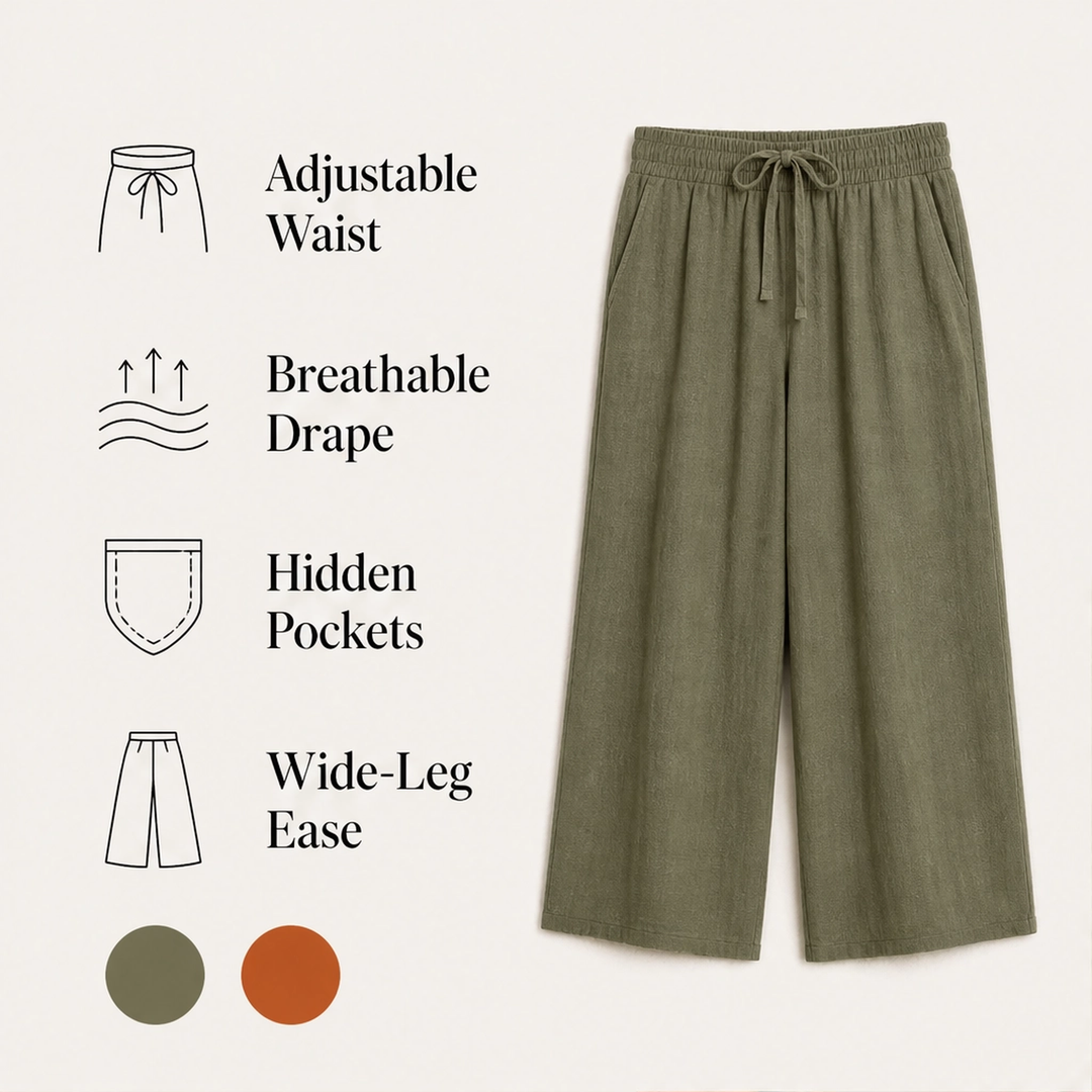 Solene – Flowy Lightweight Wide-Leg Drawstring Knee-Length Trousers + 50% OFF