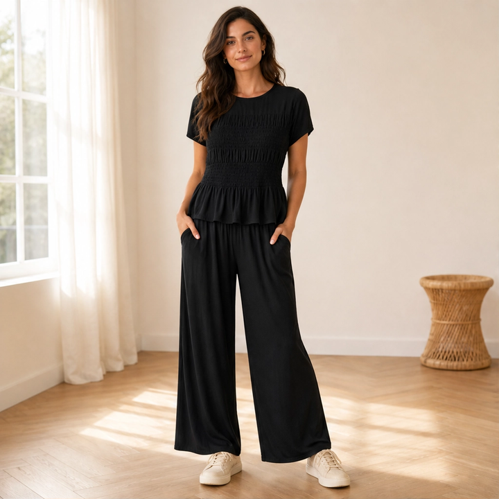 Amaryse – Smocked Peplum Top &amp; Wide-Leg Pocket Pants Set + 50% OFF