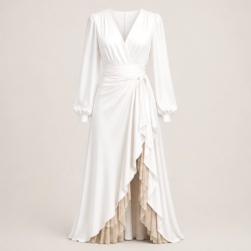 Solenne – Wrap V-Neck Lantern Sleeve Two-Layer Ruffle Slit Maxi Dress + 50% OFF