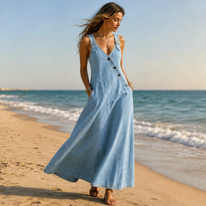 Indrielle – Asymmetric Button Denim Maxi Dress with Adjustable Straps &amp; Pockets + 50% OFF
