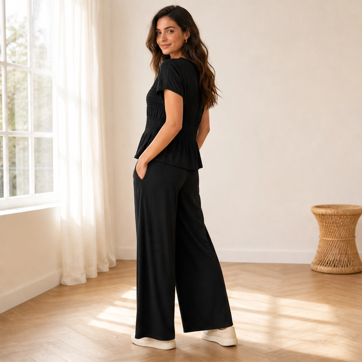 Amaryse – Smocked Peplum Top &amp; Wide-Leg Pocket Pants Set + 50% OFF