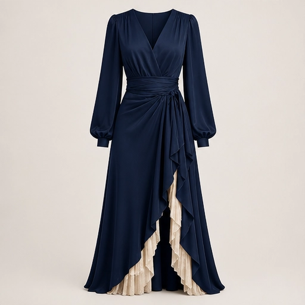 Solenne – Wrap V-Neck Lantern Sleeve Two-Layer Ruffle Slit Maxi Dress + 50% OFF