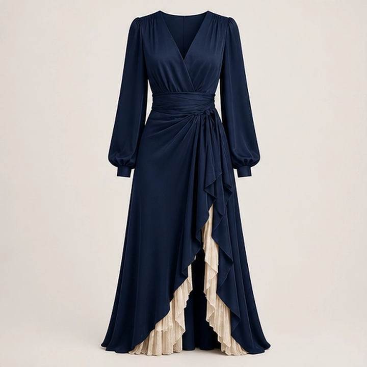 Solenne – Wrap V-Neck Lantern Sleeve Two-Layer Ruffle Slit Maxi Dress + 50% OFF