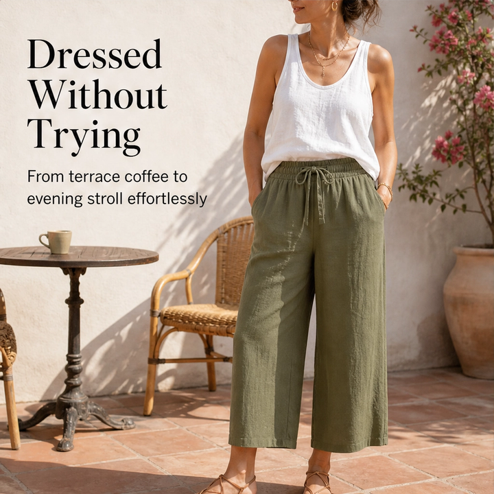 Solene – Flowy Lightweight Wide-Leg Drawstring Knee-Length Trousers + 50% OFF