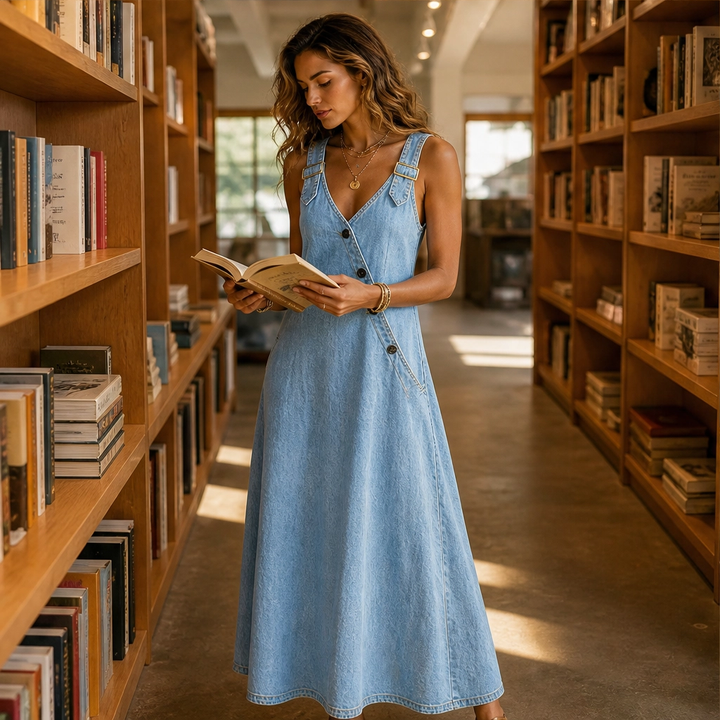 Indrielle – Asymmetric Button Denim Maxi Dress with Adjustable Straps &amp; Pockets + 50% OFF