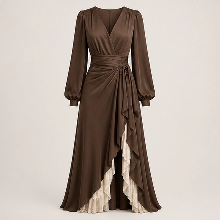 Solenne – Wrap V-Neck Lantern Sleeve Two-Layer Ruffle Slit Maxi Dress + 50% OFF