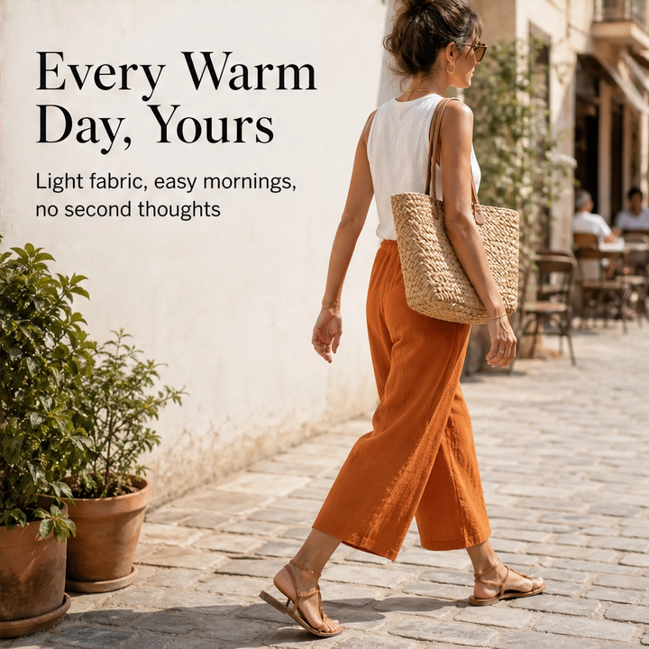 Solene – Flowy Lightweight Wide-Leg Drawstring Knee-Length Trousers + 50% OFF