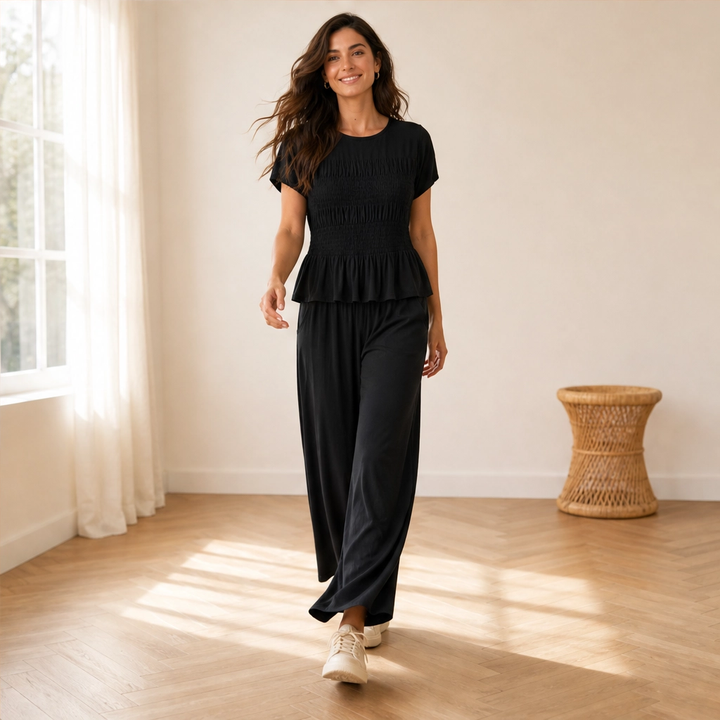 Amaryse – Smocked Peplum Top &amp; Wide-Leg Pocket Pants Set + 50% OFF