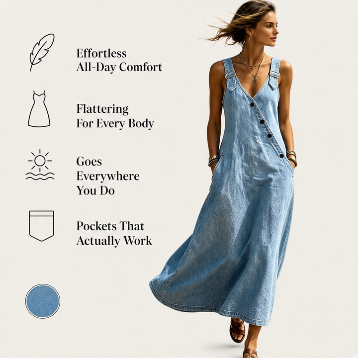 Indrielle – Asymmetric Button Denim Maxi Dress with Adjustable Straps &amp; Pockets + 50% OFF