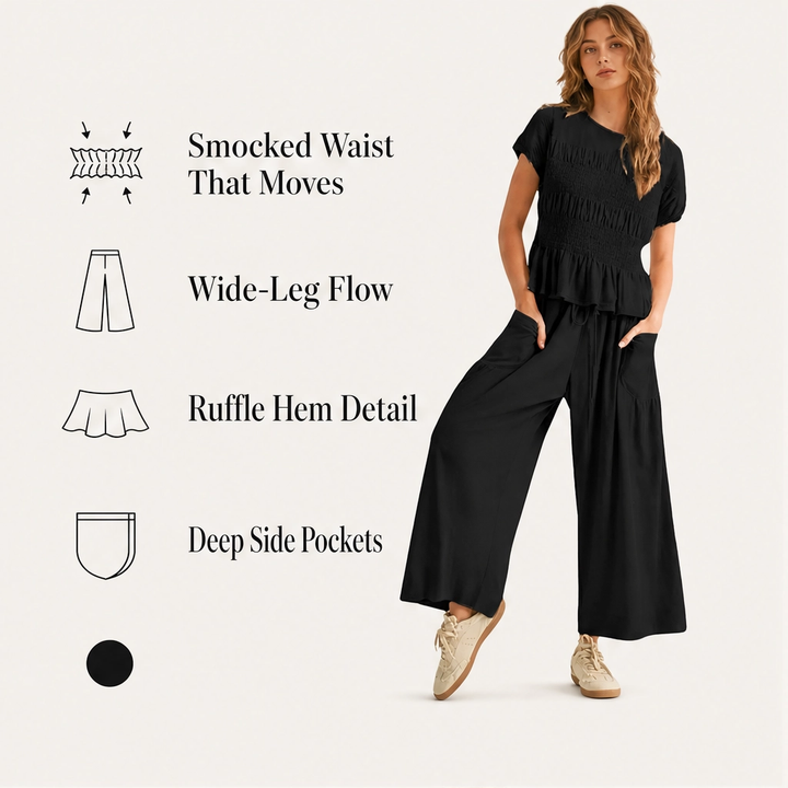 Amaryse – Smocked Peplum Top &amp; Wide-Leg Pocket Pants Set + 50% OFF
