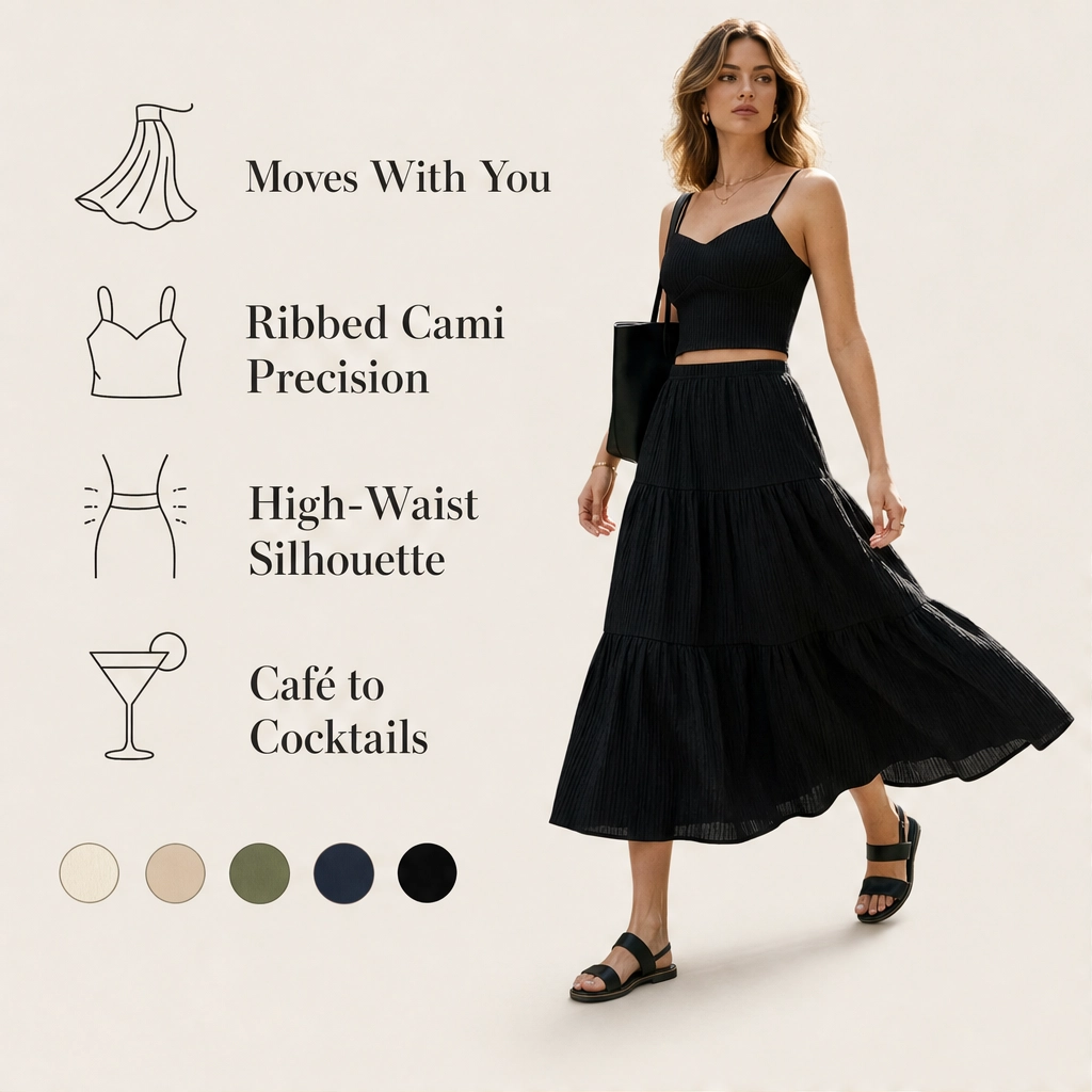 Solène – Tiered Crinkle Two-Piece Cami Top &amp; Maxi Skirt Set + 50% OFF