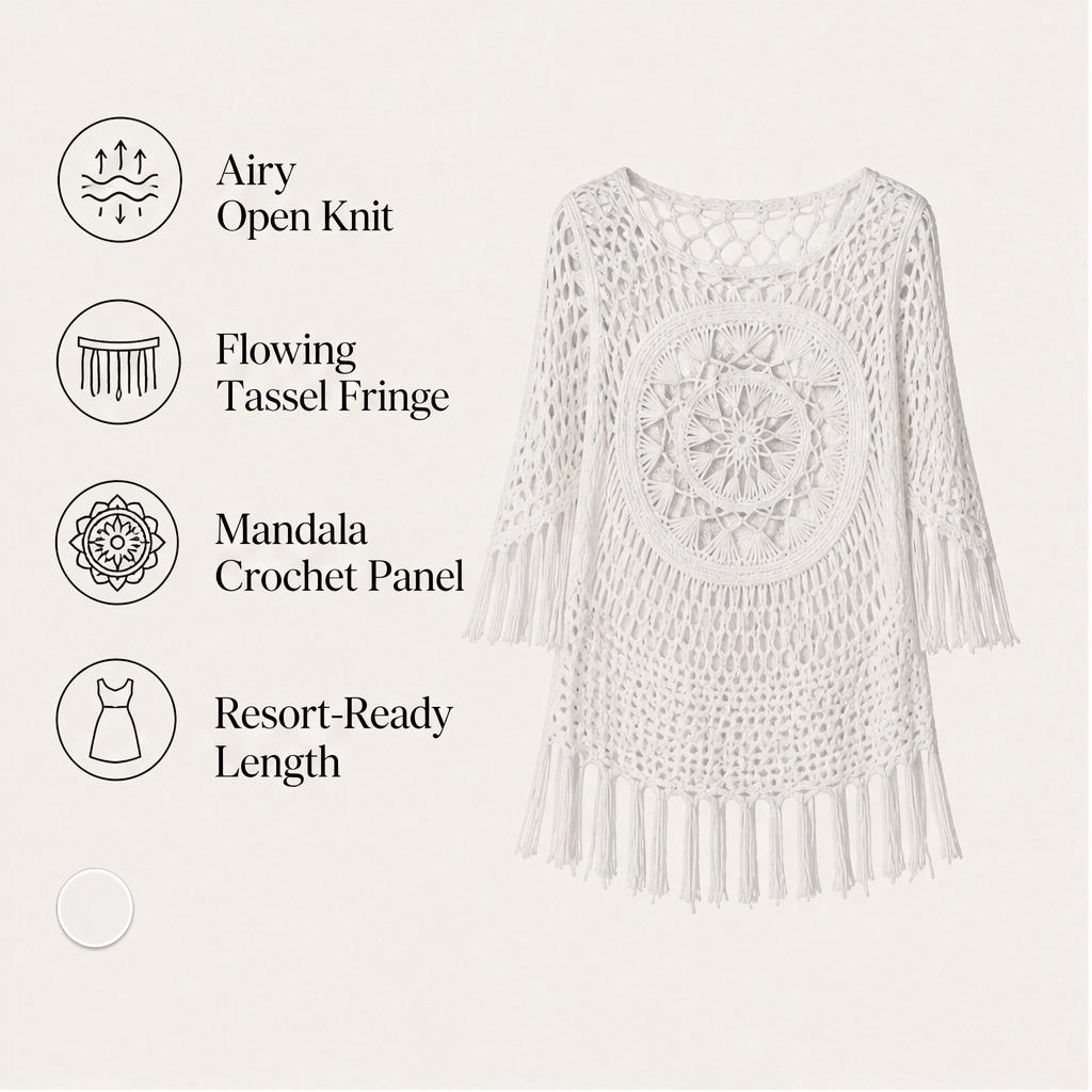 Marévah – Crochet Tassel Beach Cover-Up with Flowing One-Size Fit + 50% OFF