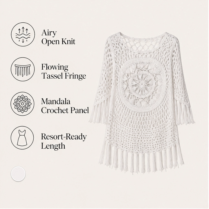 Marévah – Crochet Tassel Beach Cover-Up with Flowing One-Size Fit + 50% OFF