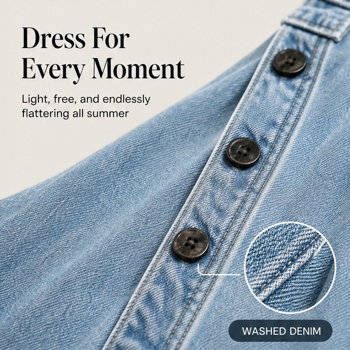 Indrielle – Asymmetric Button Denim Maxi Dress with Adjustable Straps &amp; Pockets + 50% OFF
