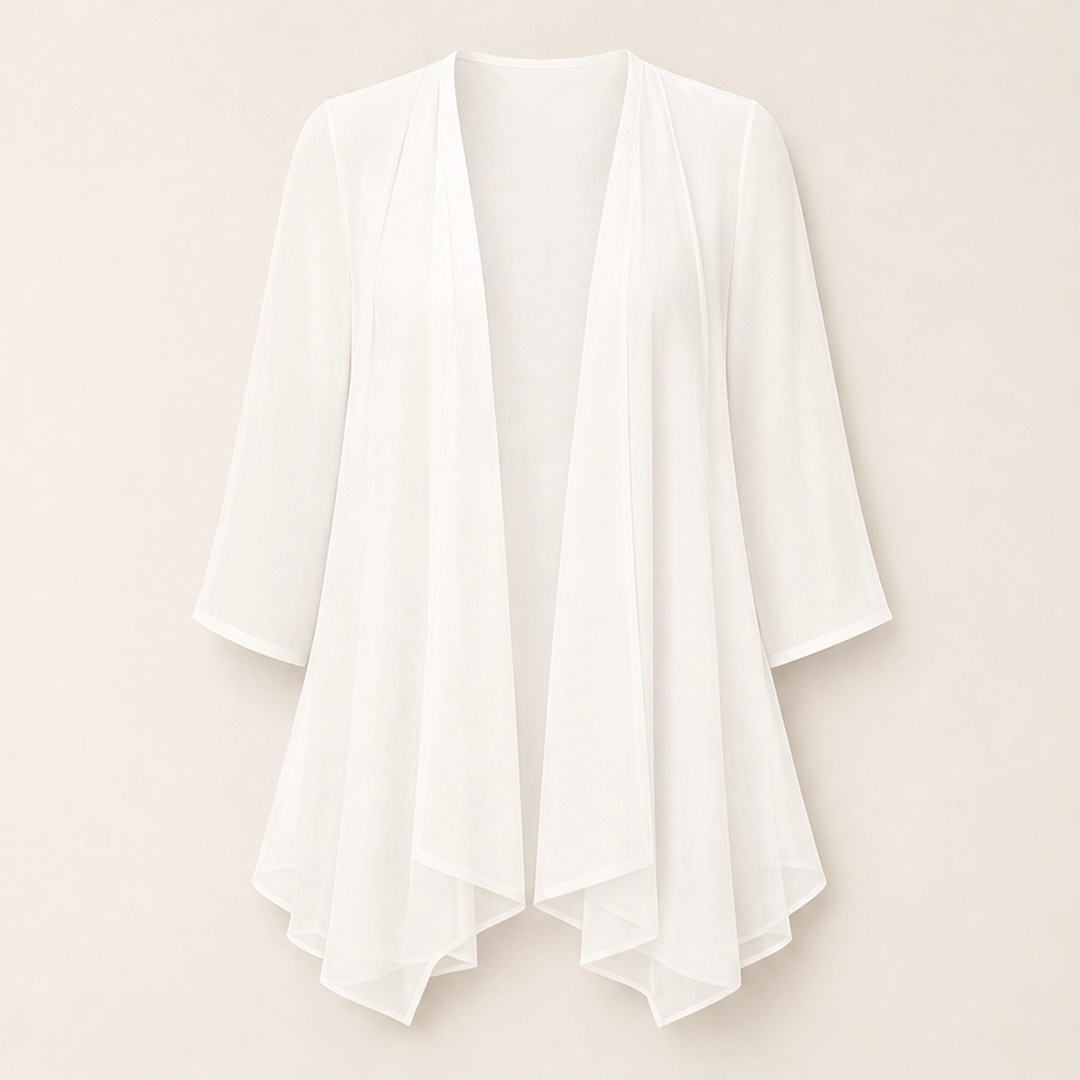 Gossamer – Sheer Chiffon Open-Front Cardigan with 3/4 Sleeves + 50% OFF