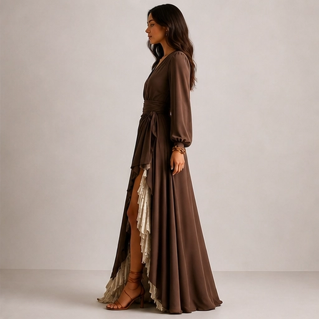 Solenne – Wrap V-Neck Lantern Sleeve Two-Layer Ruffle Slit Maxi Dress + 50% OFF