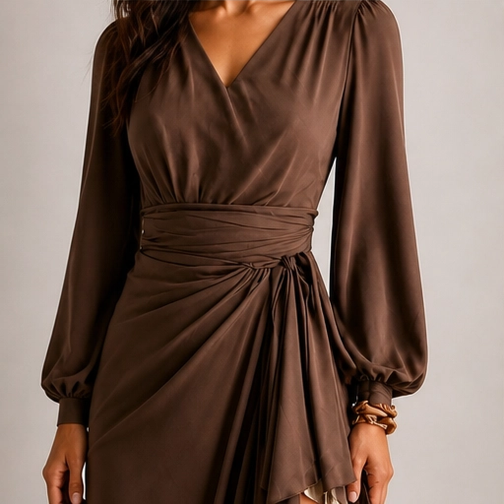Solenne – Wrap V-Neck Lantern Sleeve Two-Layer Ruffle Slit Maxi Dress + 50% OFF
