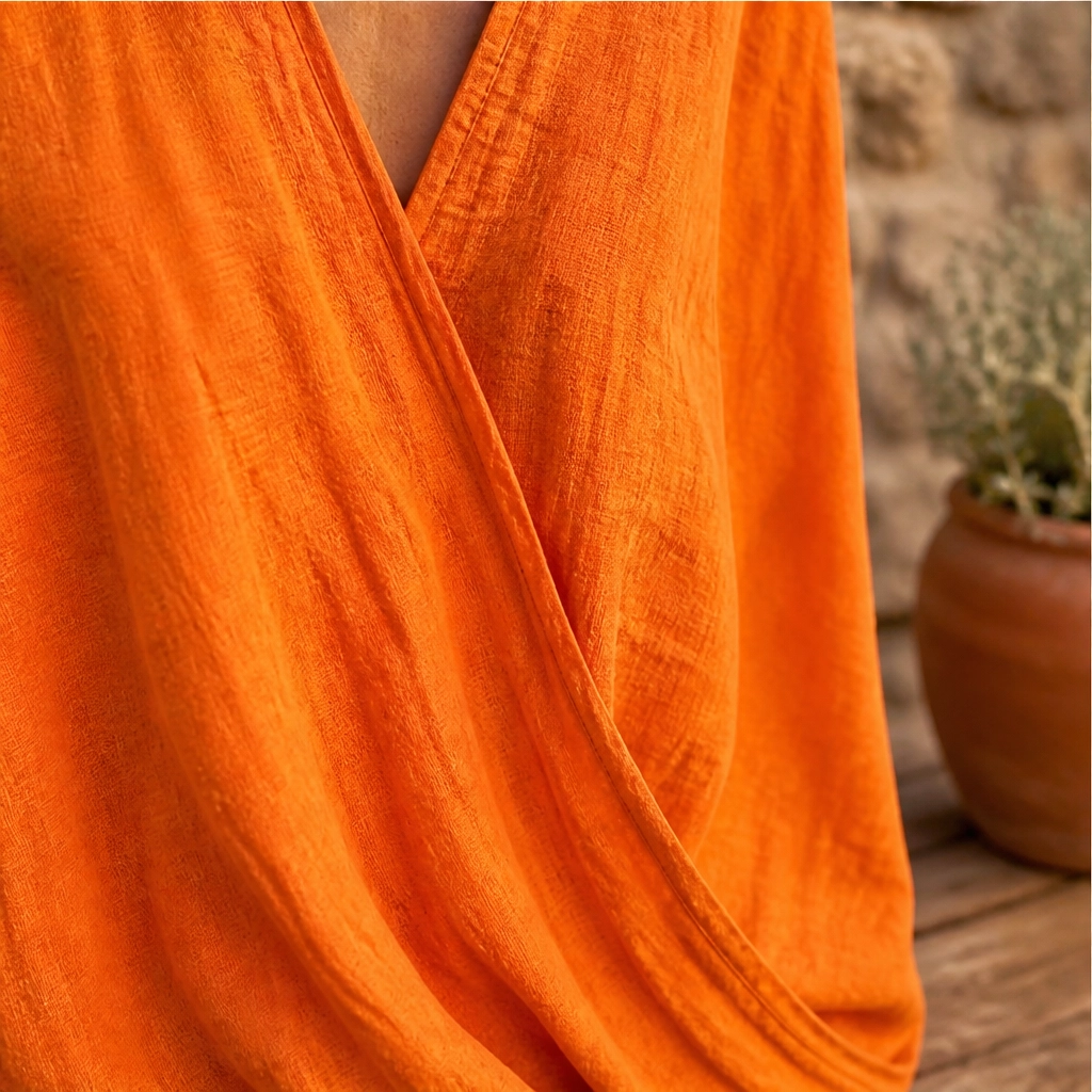 Solene – Twist-Front V-Neck Cotton-Linen Top + 50% OFF
